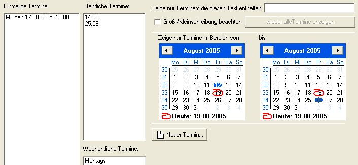 Screenshot des Terminkalenders